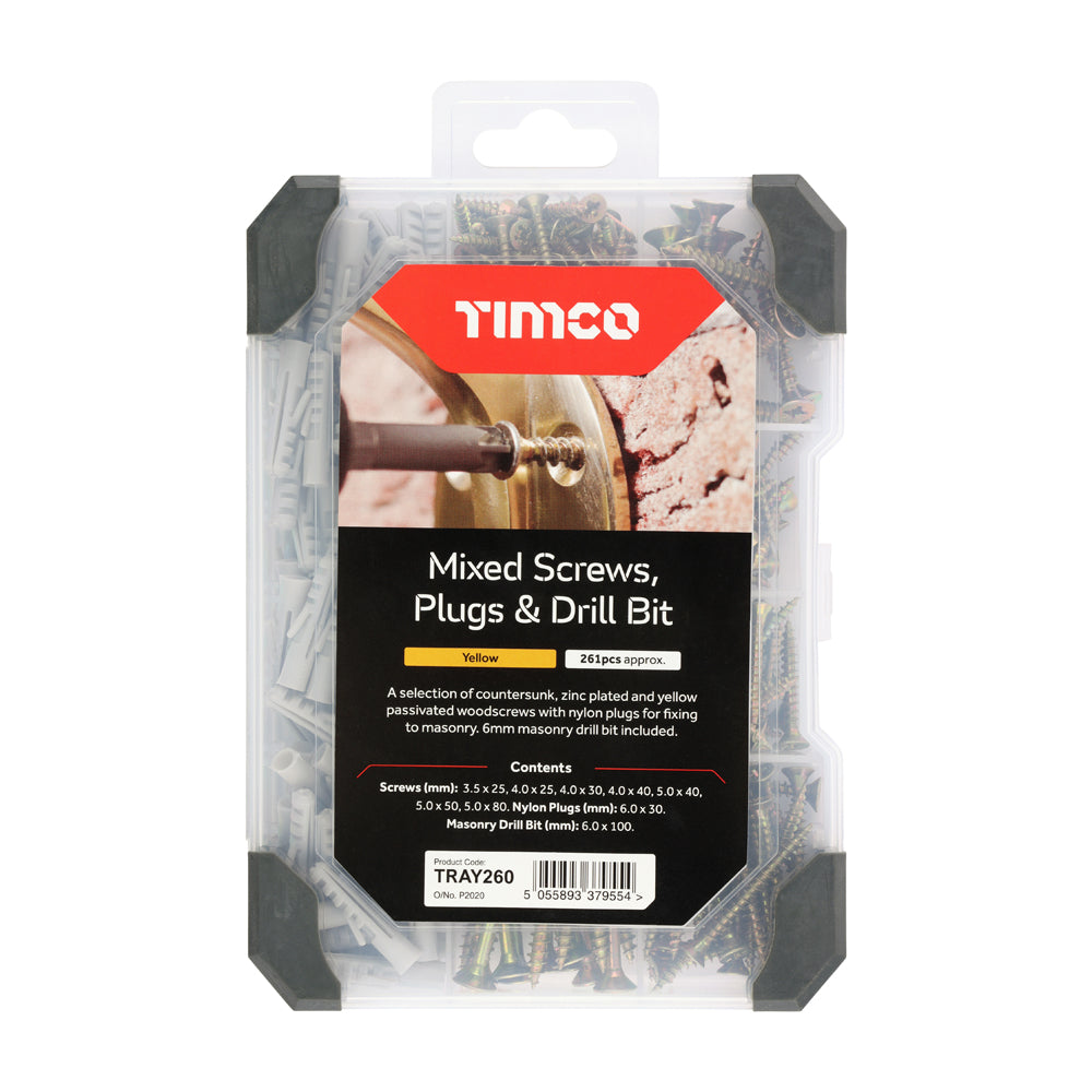 This is an image of Timco - Mixed Tray - Screws Plug & Drill Bit - Yellow - (251 PCS Tray) TRAY260