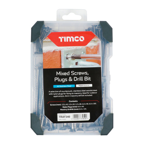 This is an image of Timco - Mixed Tray - Screws, Plug & Drill Bit - A2 Stainless Steel - (91 PCS Tray) TRAY340
