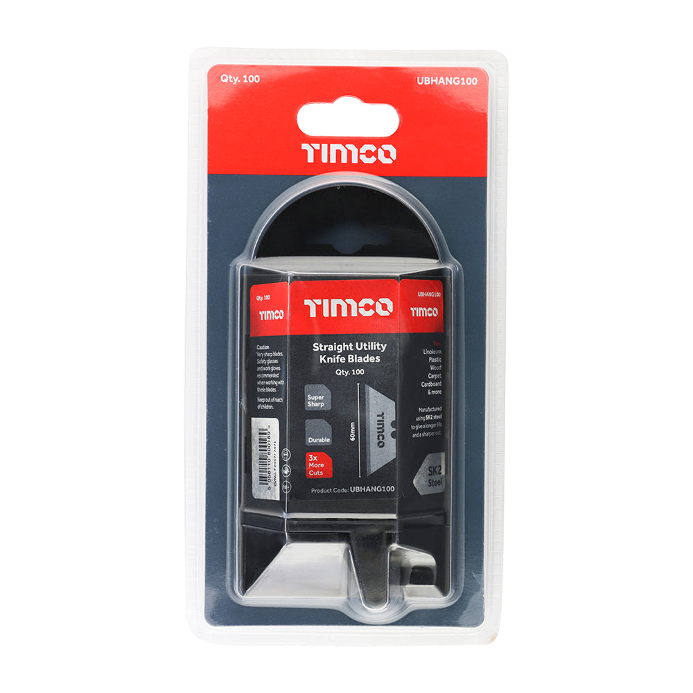 This is an image of Timco - Utility Knife Blades 60 x 19 x 0.6 (100 Pieces Blister Pack) UBHANG100