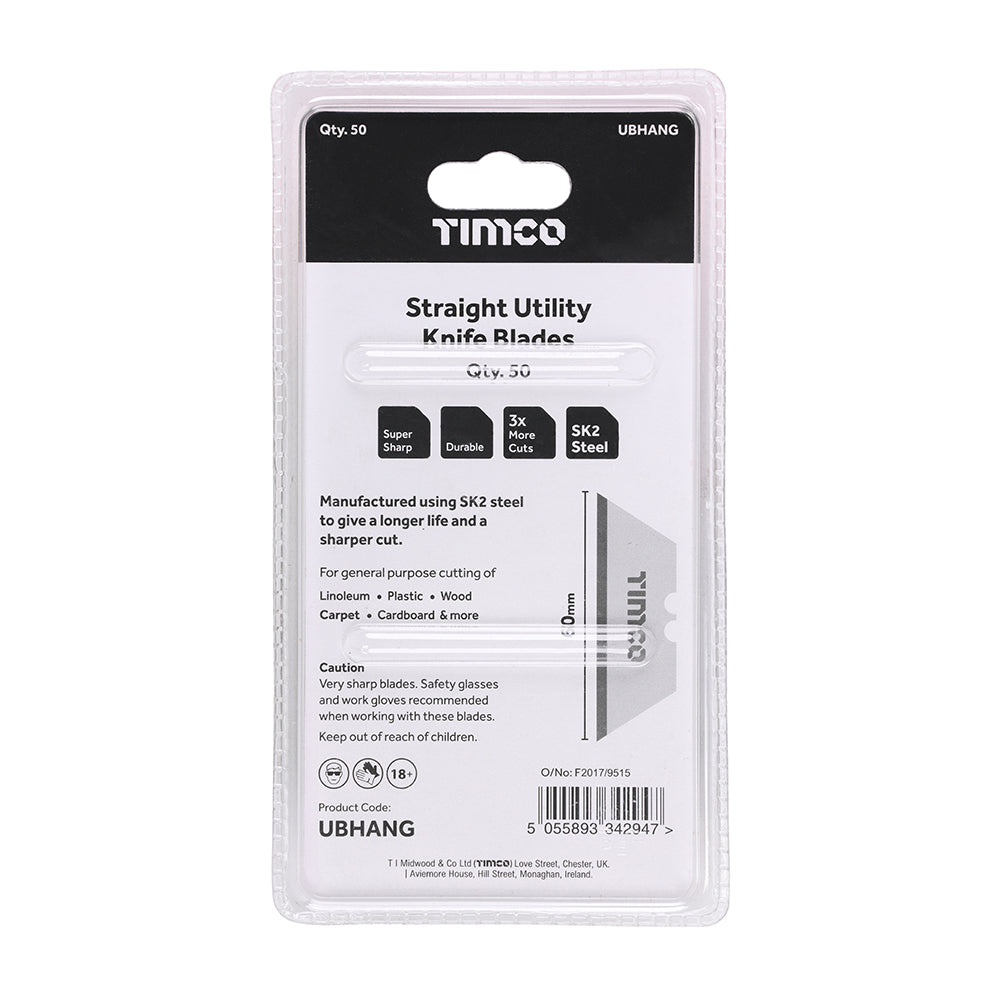 This is an image of Timco - Utility Knife Blades 60 x 19 x 0.6 (50 Pieces Blister Pack) UBHANG