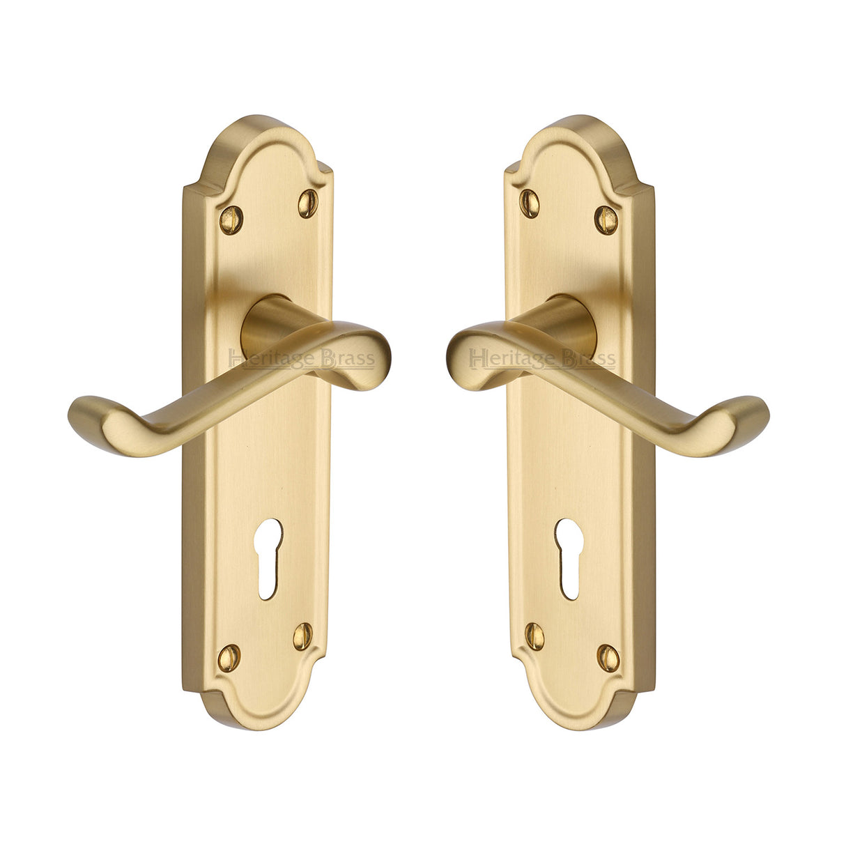 High quality image of the Heritage Brass Door Handle Lever Lock Meridian Design Satin Brass Finish | Sku. v300-sb | Discounted prices available from Trade Door Handles