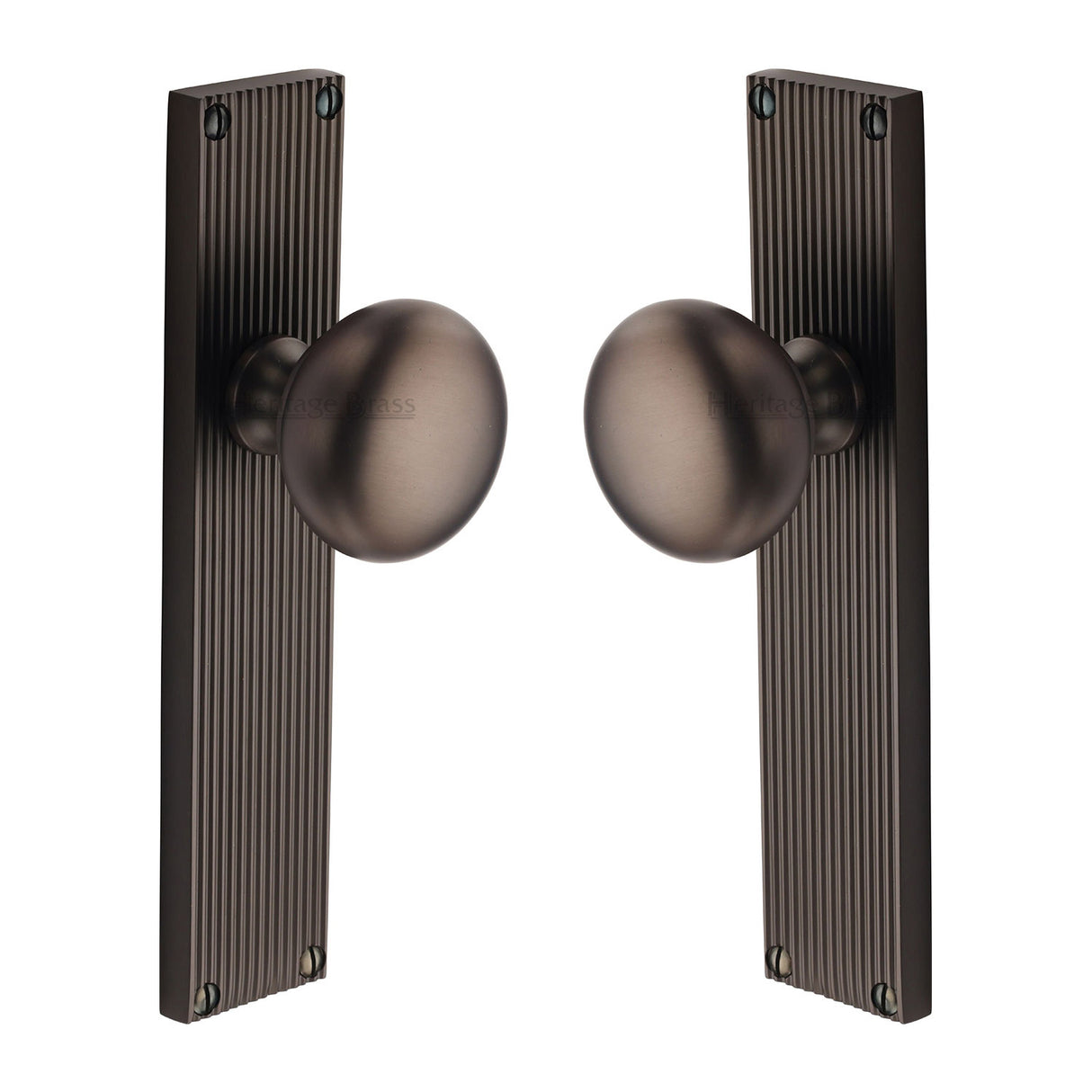 High quality image of the Heritage Brass Mortice Knob on Reeded Latch Plate Victoria Design Matt Bronze Finish
| Sku. v9210-mb | Discounted prices available from Trade Door Handles