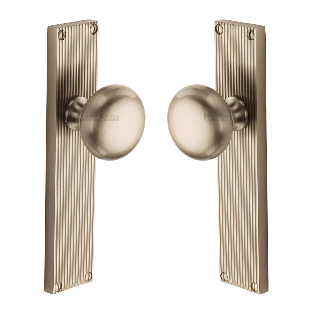 High quality image of the Heritage Brass Mortice Knob on Reeded Latch Plate Victoria Design Satin Nickel Finish
| Sku. v9210-sn | Discounted prices available from Trade Door Handles