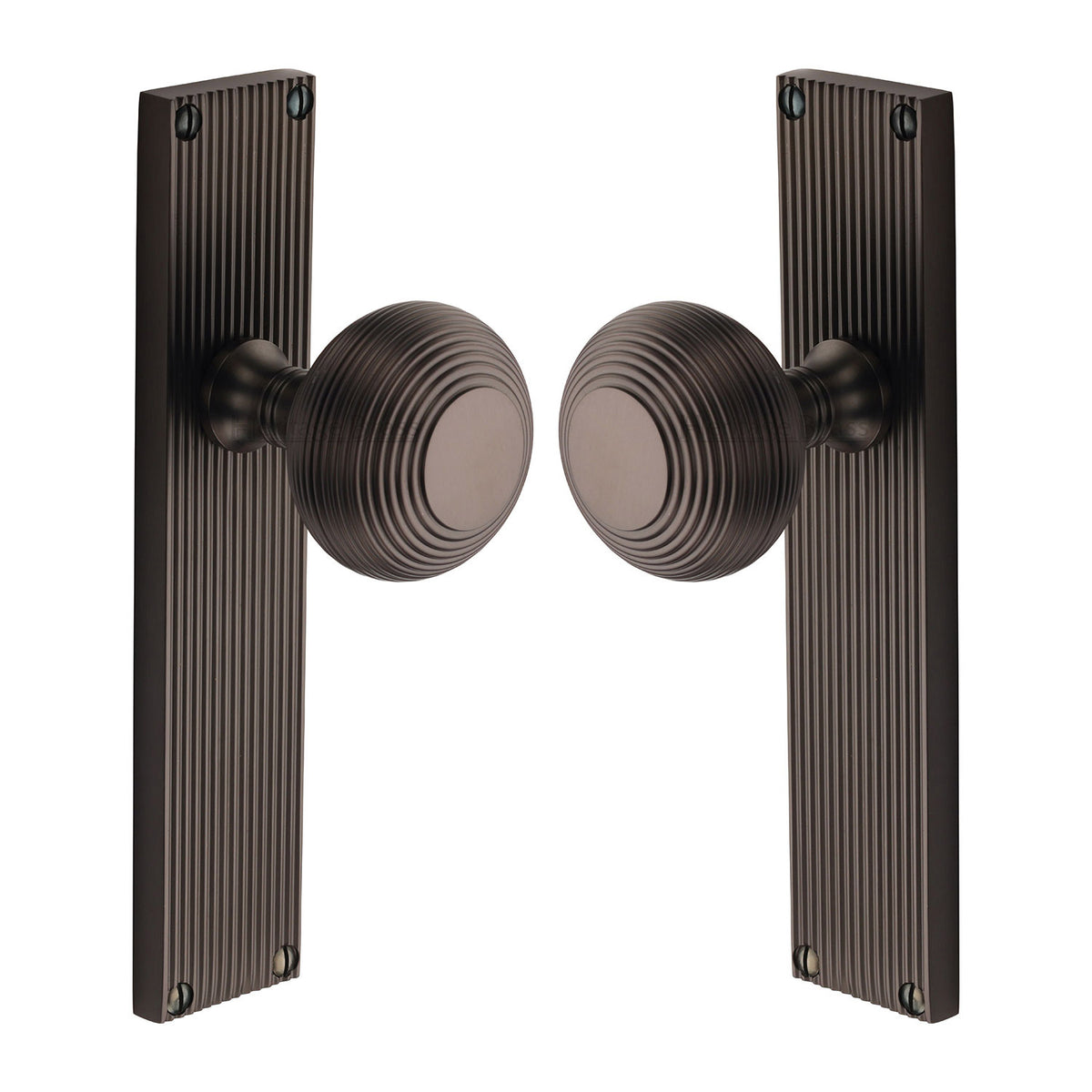 High quality image of the Heritage Brass Mortice Knob on Reeded Latch Plate Beehive Design Matt Bronze Finish
| Sku. v9510-mb | Discounted prices available from Trade Door Handles