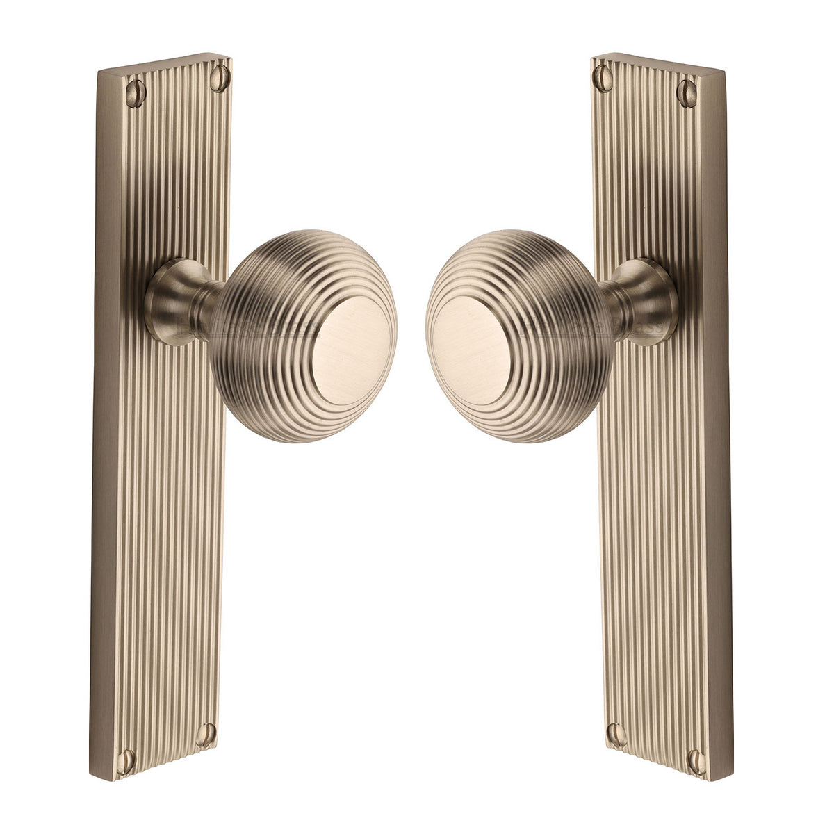 High quality image of the Heritage Brass Mortice Knob on Reeded Latch Plate Beehive Design Satin Nickel Finish
| Sku. v9510-sn | Discounted prices available from Trade Door Handles