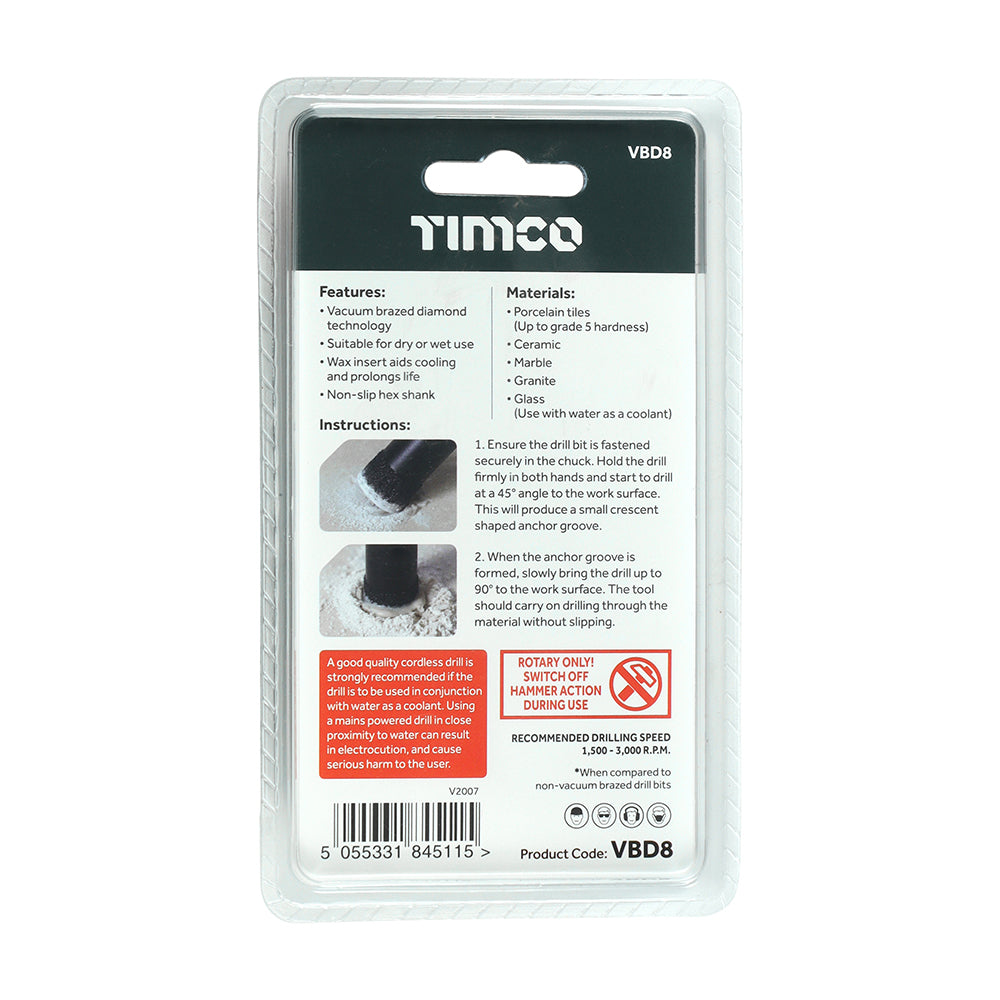 This is an image of Timco - Premium Diamond Tile & Glass Bit 8.0mm (1 Each Blister Pack) VBD8