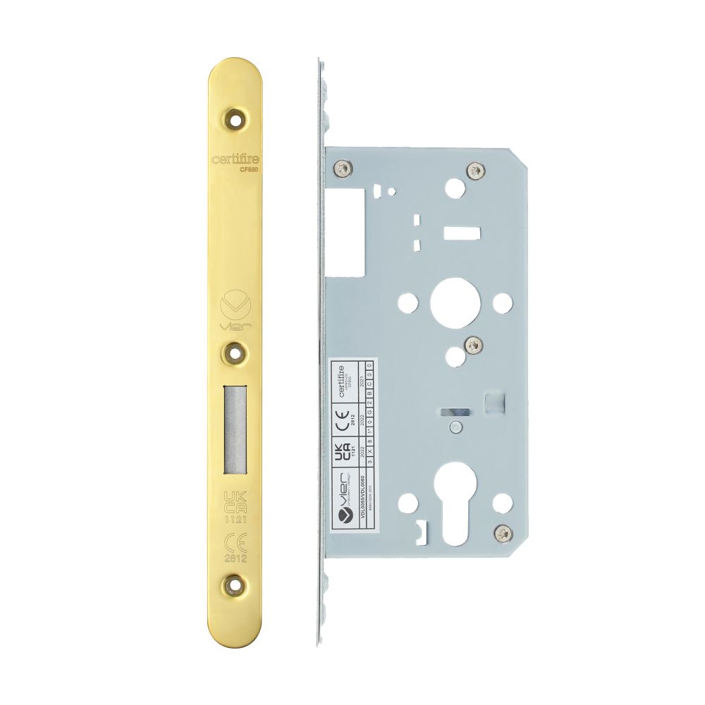 High quality image of the Vier - Din Euro Deadlock- Backset 55mm - 2 Pc Forend - Radius - PVDG - Polished Brass Effect | Sku. vdl0055-r-pvdg | available to order from Trade Door Handles.