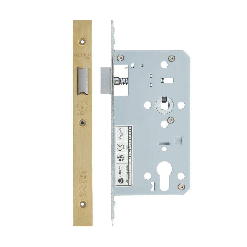 High quality image of the Vier - Din Latch - Backset 60mm - 2 Pc Forend - Square - PVD Satin Brass | Sku. vdl0060-l-pvdsb | available to order from Trade Door Handles.