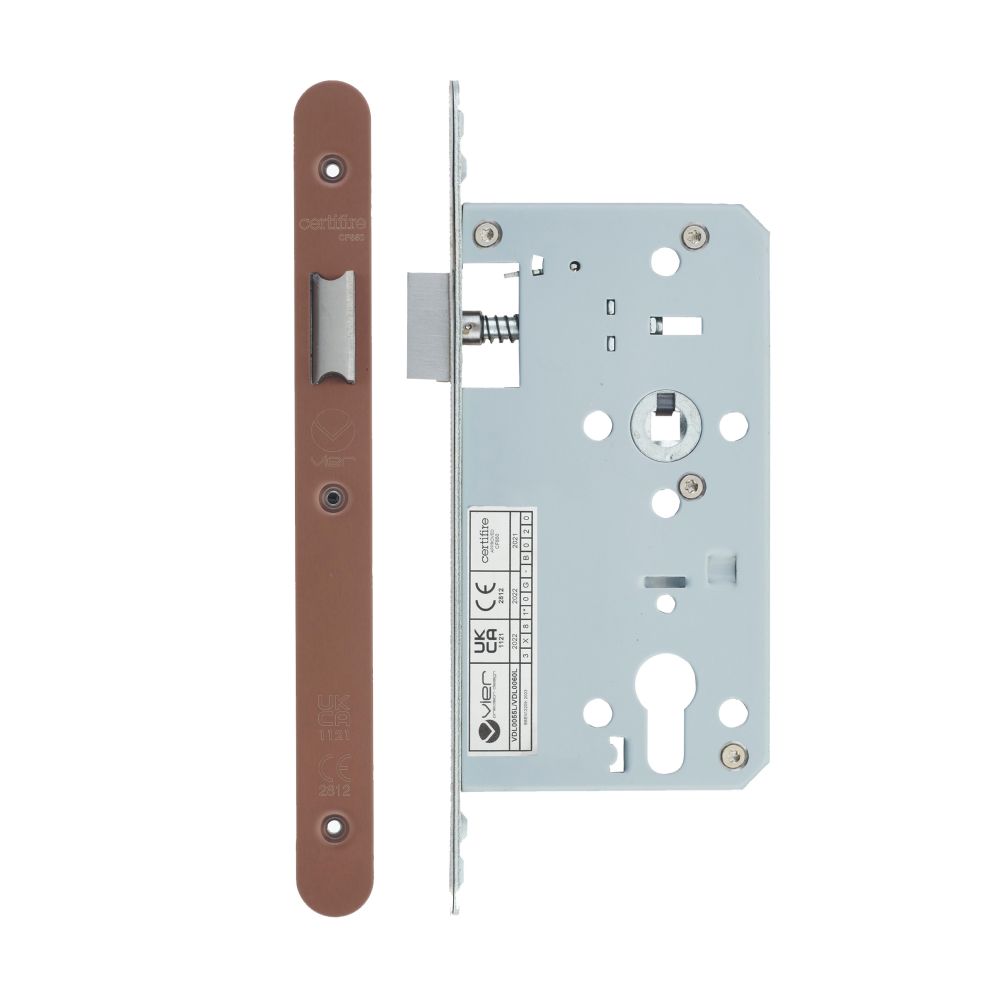 High quality image of the Vier - Din Latch - Backset 60mm - 2 Pc Forend - Radius - PVD Satin Bronze | Sku. vdl0060-l-r-pvdbz | available to order from Trade Door Handles.