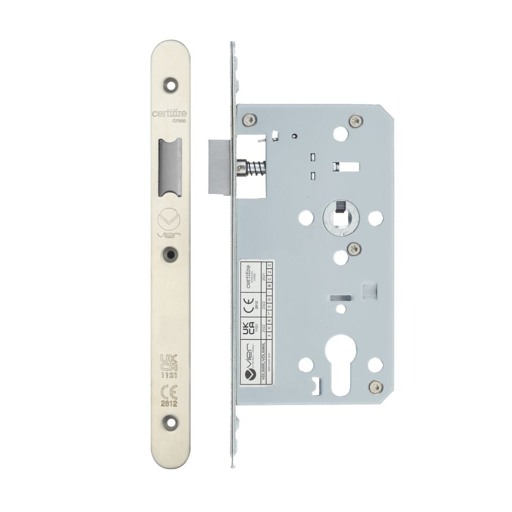 High quality image of the Vier - Din Latch - Backset 60mm - 2 Pc Forend - Radius - Stain Stainless Steel | Sku. vdl0060-l-r-sss | available to order from Trade Door Handles.