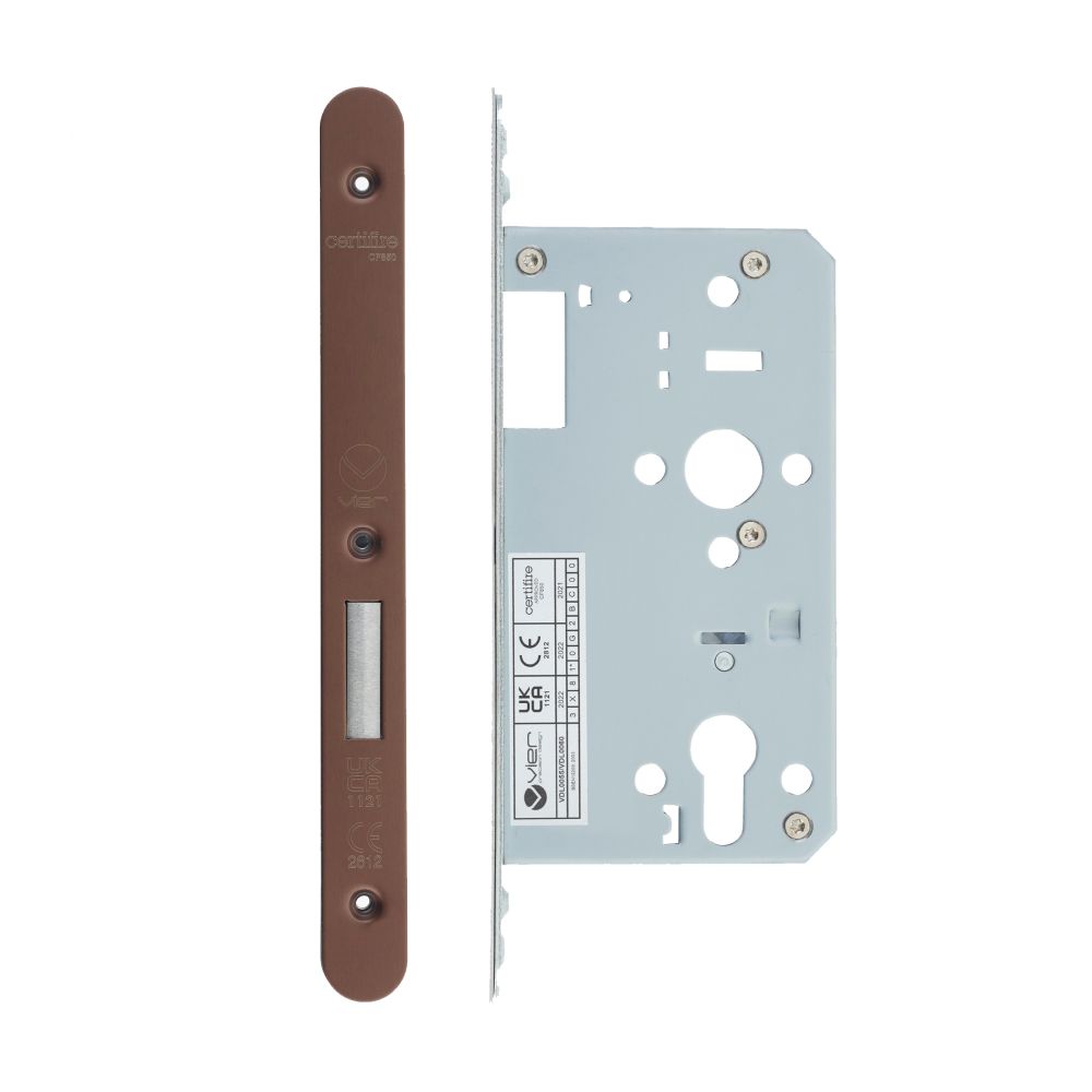 High quality image of the Vier - Din Euro Deadlock- Backset 60mm - 2 Pc Forend - Radius - PVD Satin Bronze | Sku. vdl0060-r-pvdbz | available to order from Trade Door Handles.
