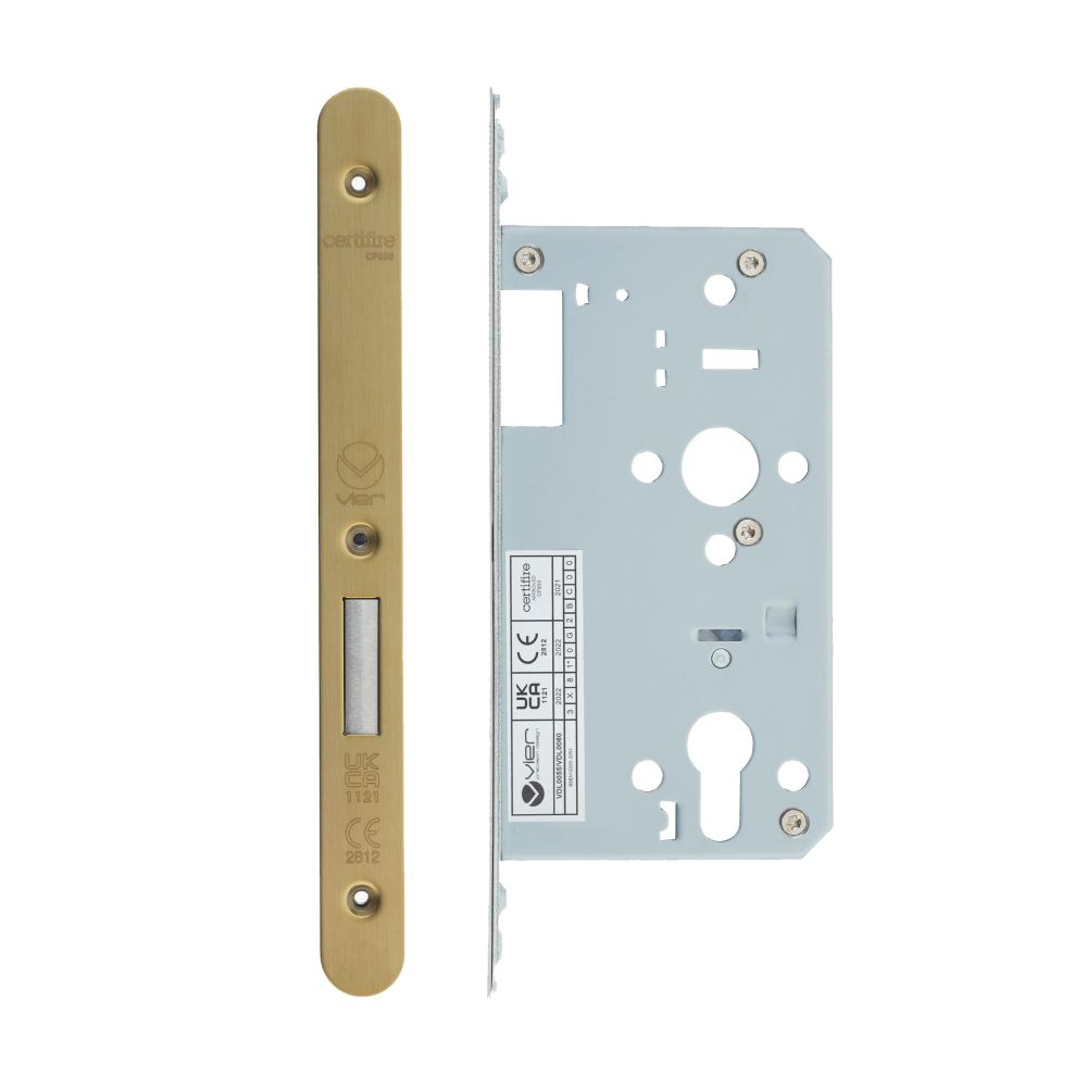 High quality image of the Vier - Din Euro Deadlock- Backset 60mm - 2 Pc Forend - Radius - PVDSB- Satin Brass Effect | Sku. vdl0060-r-pvdsb | available to order from Trade Door Handles.