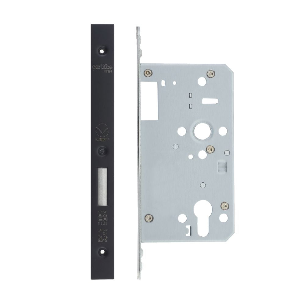 High quality image of the Vier - Din Euro Deadlock- Backset 60mm - 2 Pc Forend - Square - PCB - Single Throw - Black | Sku. vdl0060-st-pcb | available to order from Trade Door Handles.