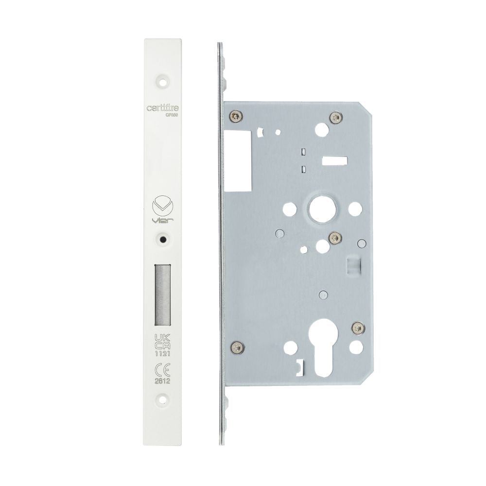 High quality image of the Vier - Din Euro Deadlock- Backset 60mm - 2 Pc Forend - Square - PCW - Single Throw | Sku. vdl0060-st-pcw | available to order from Trade Door Handles.