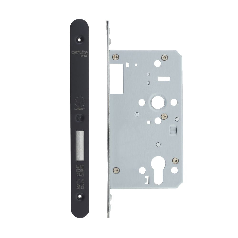 High quality image of the Vier - Din Euro Deadlock- Backset 60mm - 2 Pc Forend - Radius - PVDBLK - Single Throw - Black | Sku. vdl0060-st-r-pvdblk | available to order from Trade Door Handles.