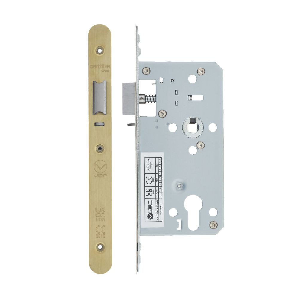 High quality image of the Vier - Din Nightlatch - Backset 55mm - 2 Pc Forend - Radius - PVDSB- Satin Brass Effect | Sku. vdl7255-nl-r-pvdsb | available to order from Trade Door Handles.