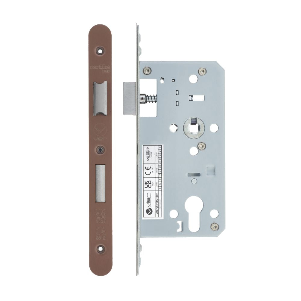 High quality image of the Vier - Din Euro Sashlock- Backset 55mm - 2 Pc Forend - Radius - PVD Satin Bronze | Sku. vdl7255-r-pvdbz | available to order from Trade Door Handles.