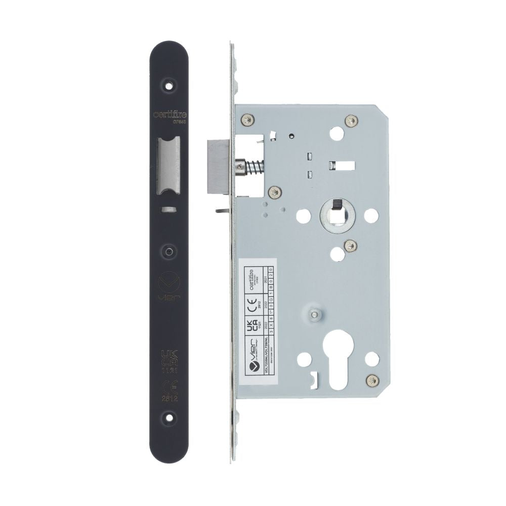 High quality image of the Vier - Din Nightlatch - Backset 60mm - 2 Pc Forend - Radius - PCB - Powder Coated Black | Sku. vdl7260-nl-r-pcb | available to order from Trade Door Handles.