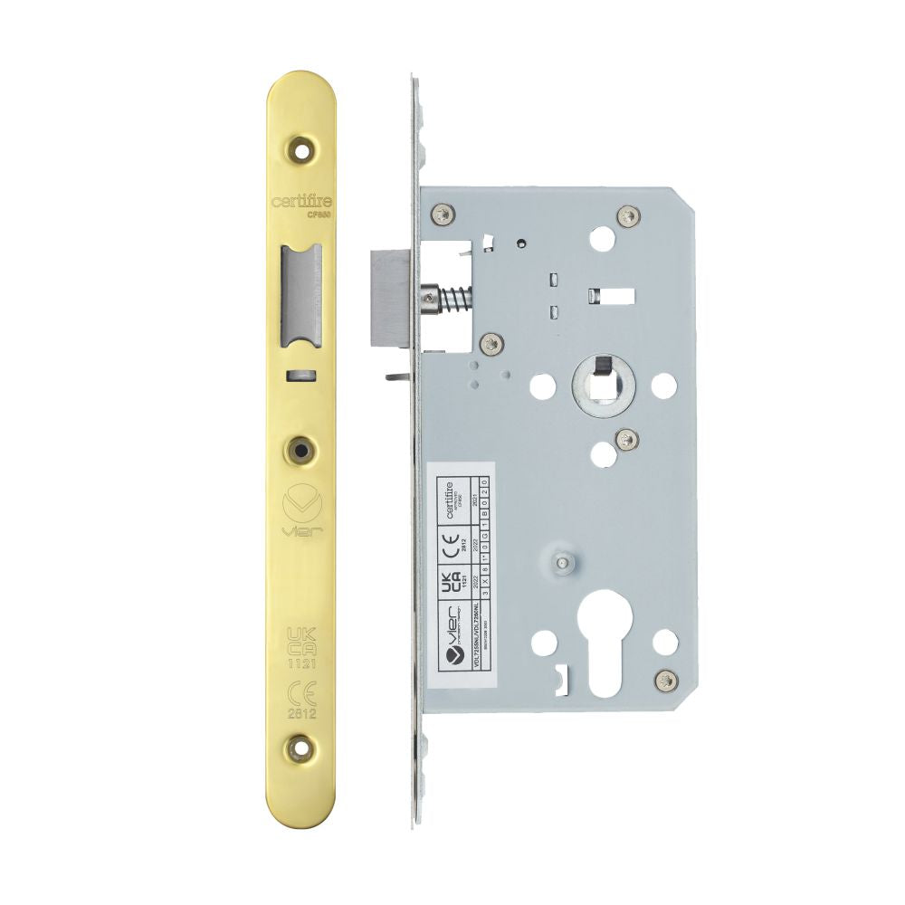 High quality image of the Vier - Din Nightlatch - Backset 60mm - 2 Pc Forend - Radius - PVDG - Polished Brass Effect | Sku. vdl7260-nl-r-pvdg | available to order from Trade Door Handles.