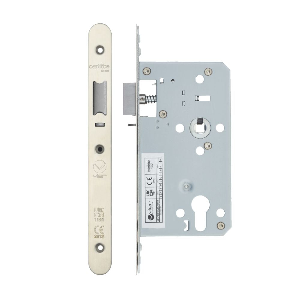 High quality image of the Vier - Din Nightlatch - Backset 60mm - 2 Pc Forend - Radius - Stain Stainless Steel | Sku. vdl7260-nl-r-sss | available to order from Trade Door Handles.