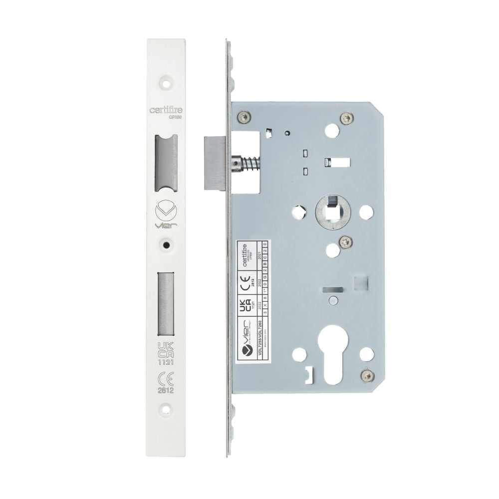 High quality image of the Vier - Din Euro Sashlock- Backset 60mm - 2 Pc Forend - Square - PCW - Powder Coated White | Sku. vdl7260-pcw | available to order from Trade Door Handles.