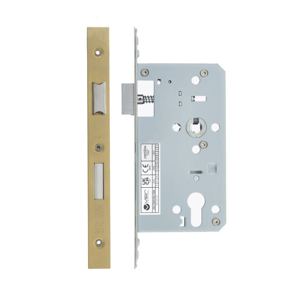 High quality image of the Vier - Din Euro Sashlock- Backset 60mm - 2 Pc Forend - Square - PVDSB - Satin Brass Effect | Sku. vdl7260-pvdsb | available to order from Trade Door Handles.