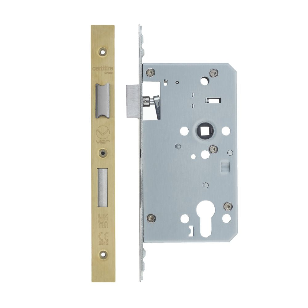 High quality image of the Vier - Din Euro Sashlock- Backset 60mm - 2 Pc Forend - Square - Single Throw - PVD Satin Brass | Sku. vdl7260-st-pvdsb | available to order from Trade Door Handles.