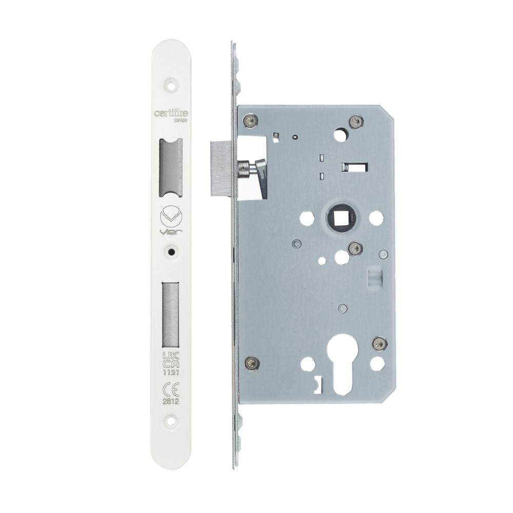 High quality image of the Vier - Din Euro Sashlock- Backset 60mm - 2 Pc Forend - Radius - PCW - Single Throw | Sku. vdl7260-st-r-pcw | available to order from Trade Door Handles.