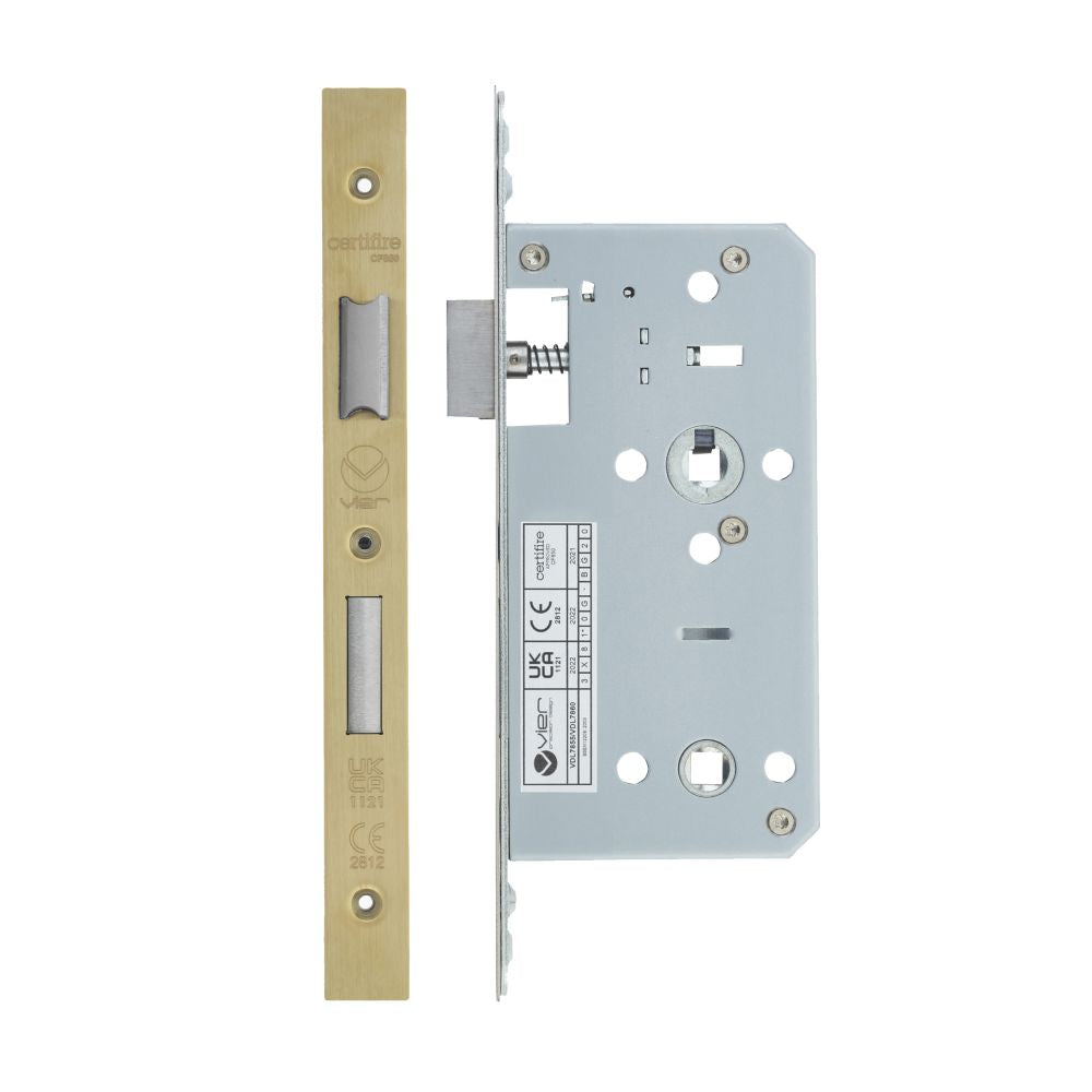 High quality image of the Vier - Din Bathroom- Backset 55mm - 2 Pc Forend - Square - PVDSB - PVD Satin Brass | Sku. vdl7855-pvdsb | available to order from Trade Door Handles.