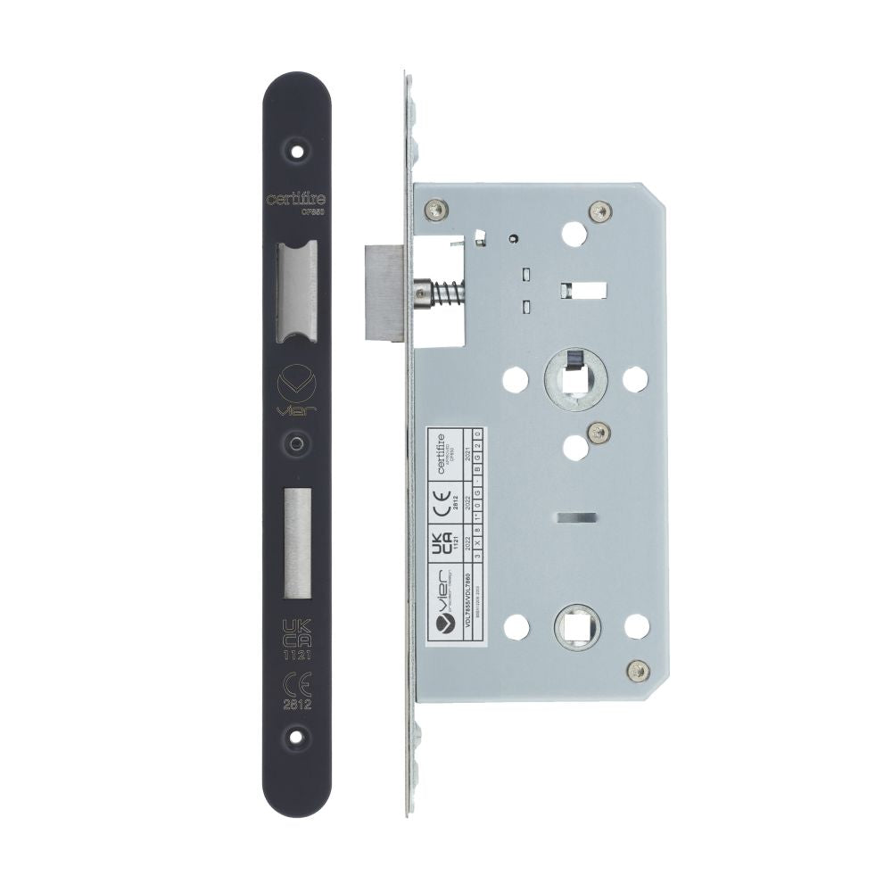 High quality image of the Vier - Din Bathroom- Backset 55mm - 2 Pc Forend - Radius - PVDBLK - PVD Black | Sku. vdl7855-r-pvdblk | available to order from Trade Door Handles.