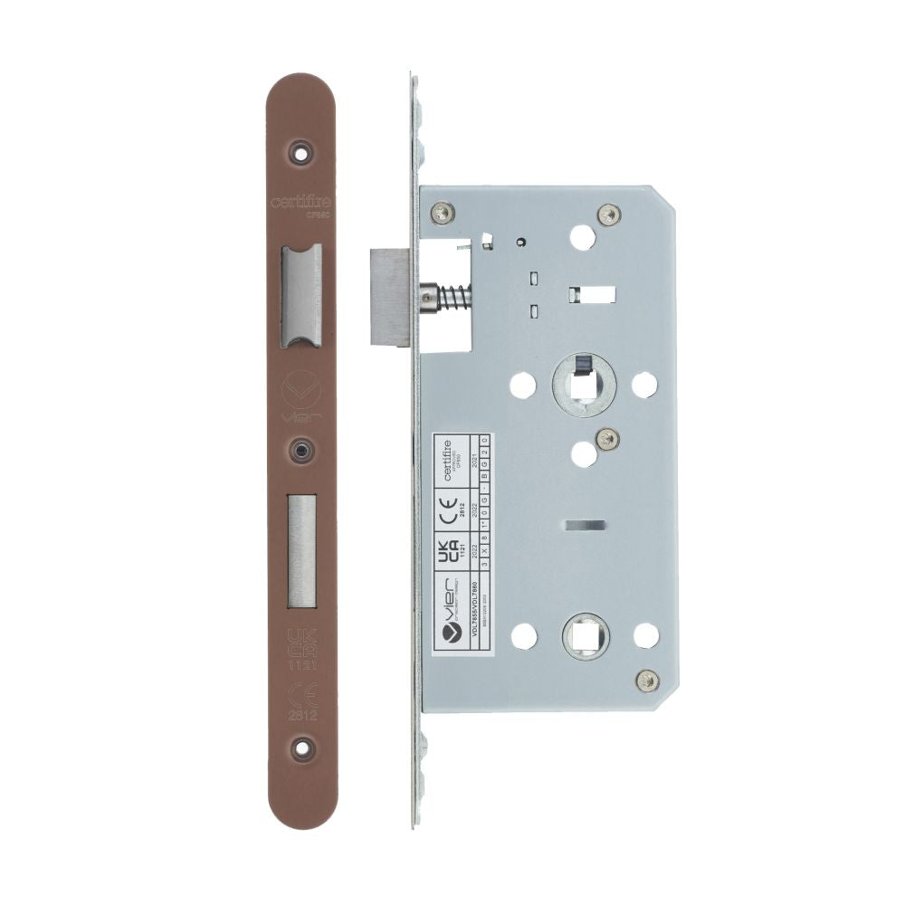 High quality image of the Vier - Din Bathroom- Backset 55mm - 2 Pc Forend - Radius - PVD Satin Bronze | Sku. vdl7855-r-pvdbz | available to order from Trade Door Handles.