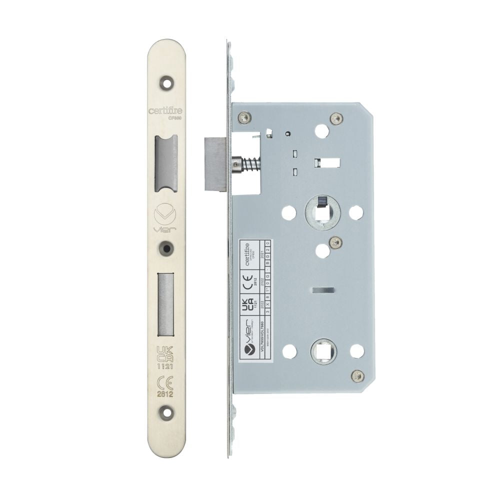 High quality image of the Vier - Din Bathroom- Backset 55mm - 2 Pc Forend - Radius - Stain Stainless Steel | Sku. vdl7855-r-sss | available to order from Trade Door Handles.