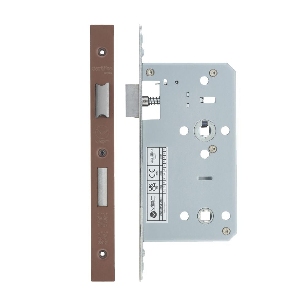 High quality image of the Vier - Din Bathroom- Backset 60mm - 2 Pc Forend Square - PVD Satin Bronze | Sku. vdl7860-pvdbz | available to order from Trade Door Handles.
