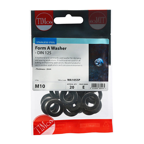 This is an image of Timco - Form A Washers - Stainless Steel M10 - (20 PCS TIMpac) WA10SSP