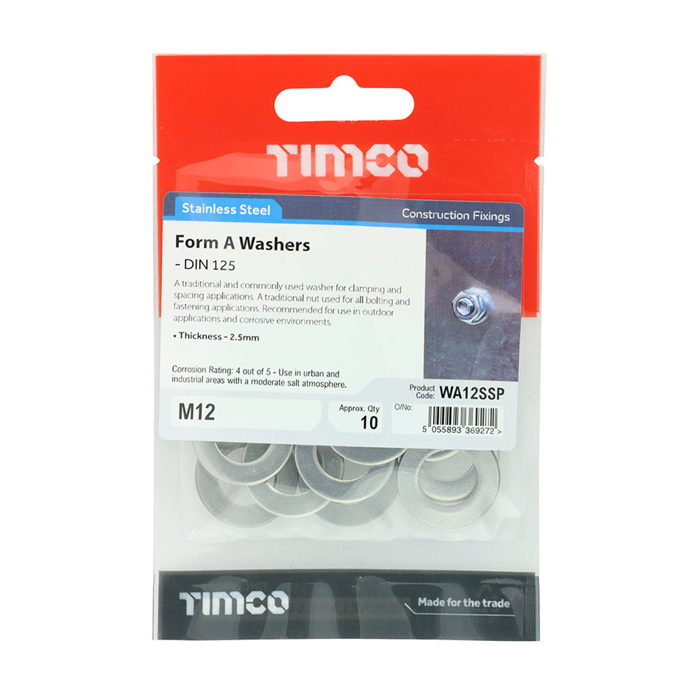 This is an image of Timco - Form A Washers - Stainless Steel M12 - (10 PCS TIMpac) WA12SSP