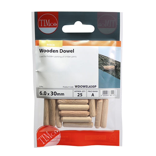 This is an image of Timco - Wooden Dowels 6.0 x 30 (25 Pieces TIMpac) WDOWEL630P
