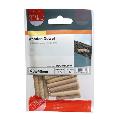 This is an image of Timco - Wooden Dowels 6.0 x 40 (15 Pieces TIMpac) WDOWEL640P