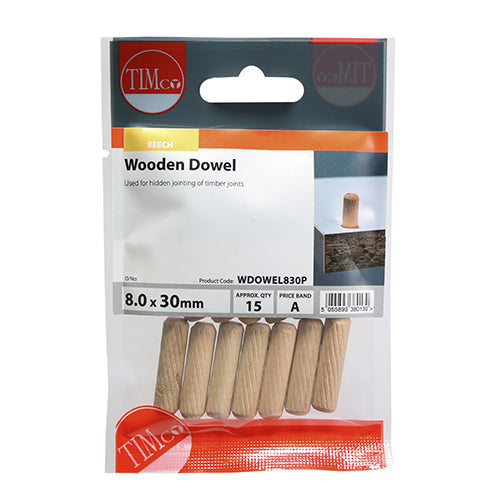 This is an image of Timco - Wooden Dowels 8.0 x 30 (15 Pieces TIMpac) WDOWEL830P