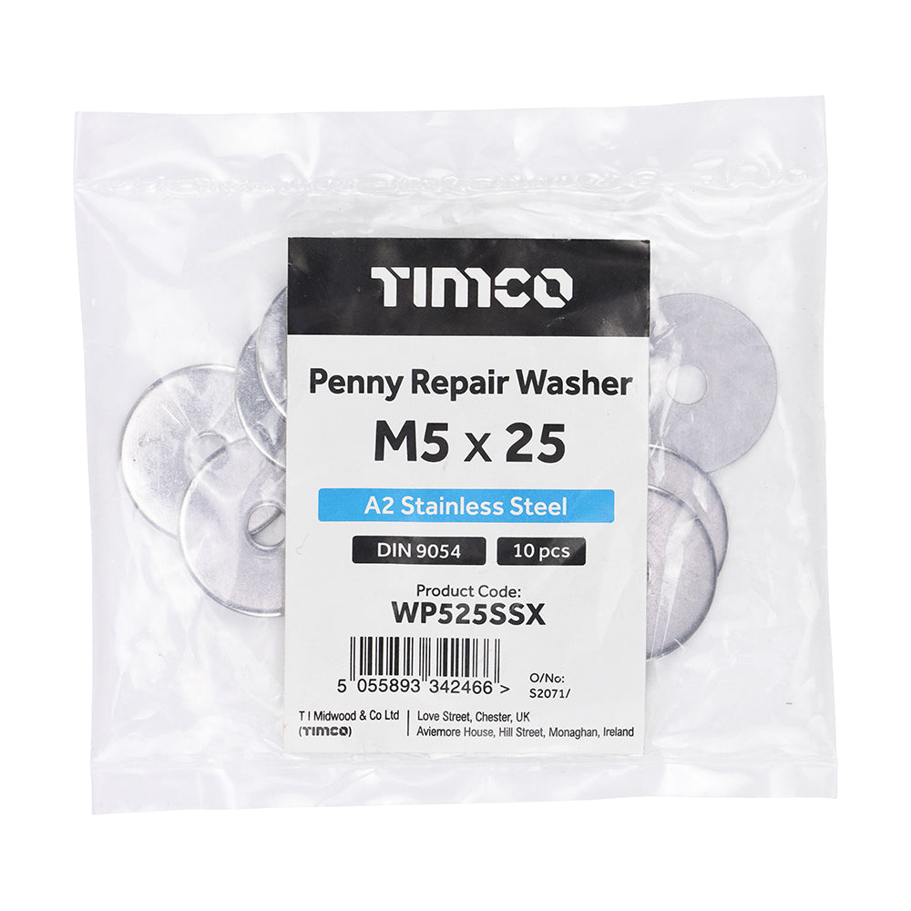 This is an image of Timco - Penny / Repair Washers - A2 Stainless Steel M5 x 25mm - (10 PCS Bag) WP525SSX