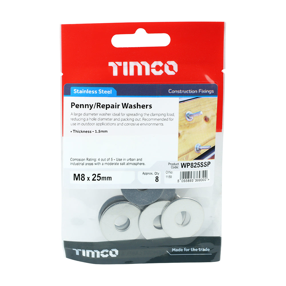 This is an image of Timco - Penny / Repair Washers - Stainless Steel M8 x 25mm - (8 PCS TIMpac) WP825SSP