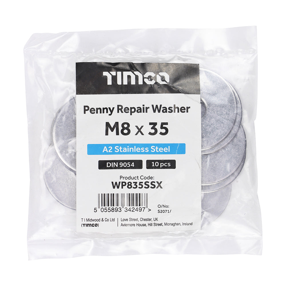 This is an image of Timco - Penny / Repair Washers - A2 Stainless Steel M8 x 35mm - (10 PCS Bag) WP835SSX