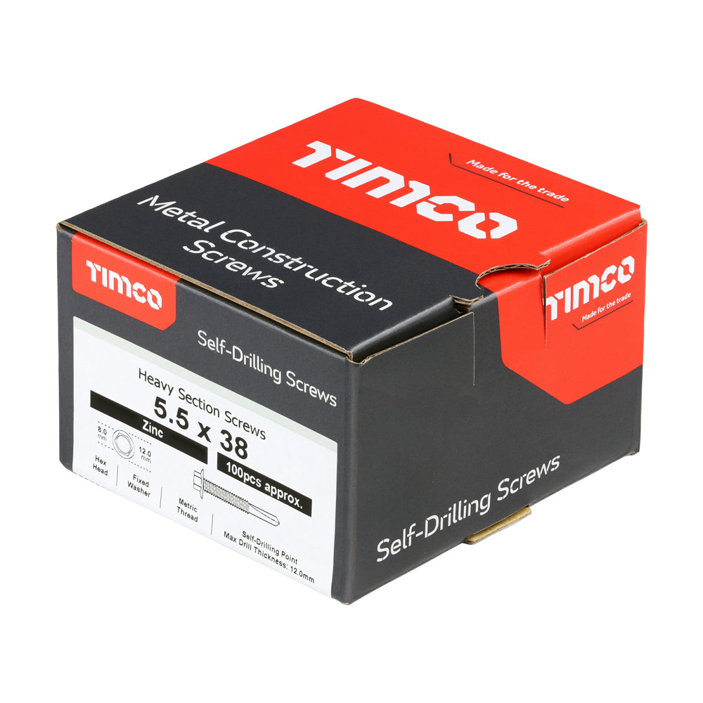 This is an image of Timco - Metal Construction Heavy Section Screws - Hex - Self-Drilling - Zinc 5.5 x 38mm - (100 PCS Box) ZH38B