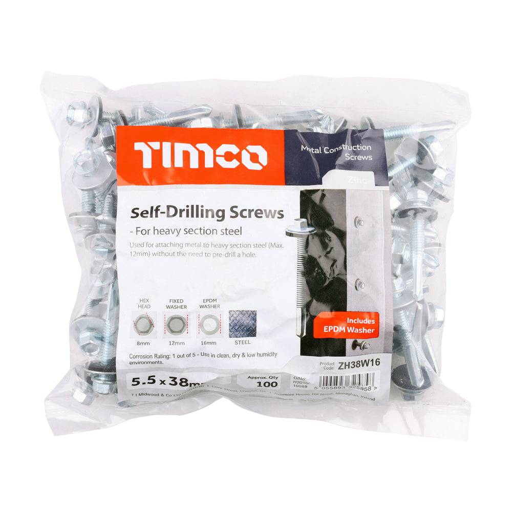 This is an image of Timco - Metal Construction Heavy Section Screws - Hex - EPDM Washer - Self-Drilling - Zinc 5.5 x 38mm - (100 PCS Bag) ZH38W16