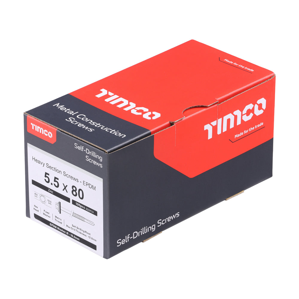 This is an image of Timco - Metal Construction Heavy Section Screws - Hex - EPDM Washer - Self-Drilling - Zinc 5.5 x 80mm - (100 PCS Box) ZH80W16B