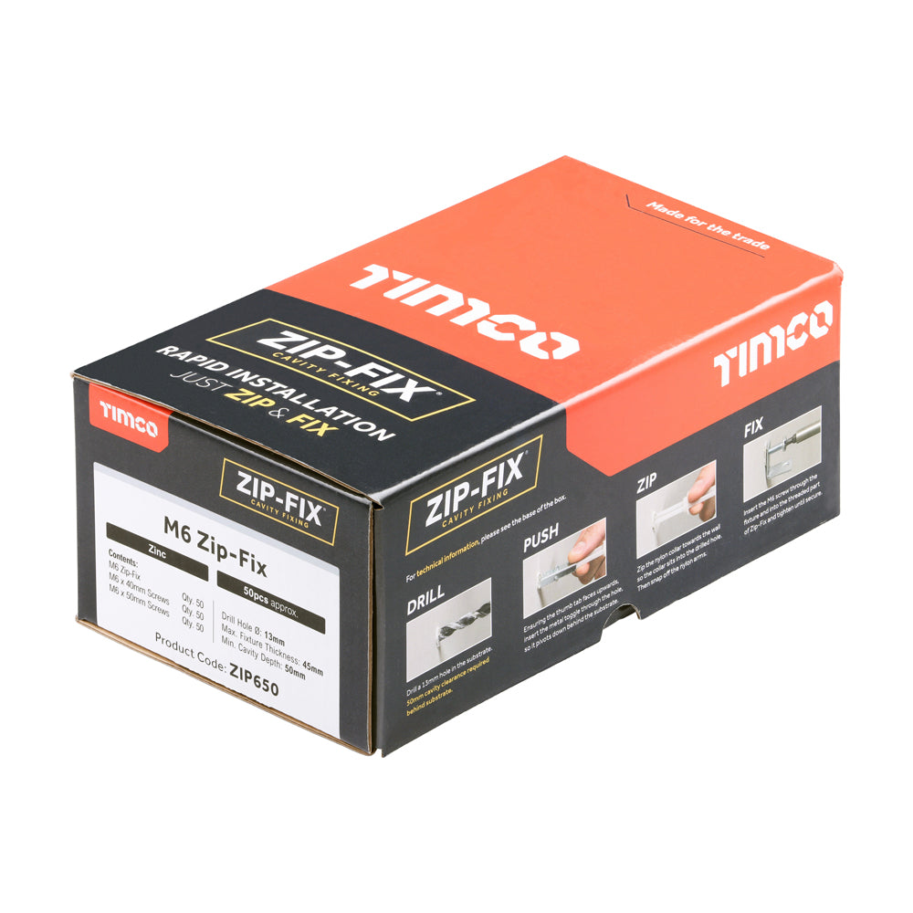 This is an image of Timco - Zip-Fix Cavity Wall Fixings - Zinc M6 - (50 PCS Box) ZIP650