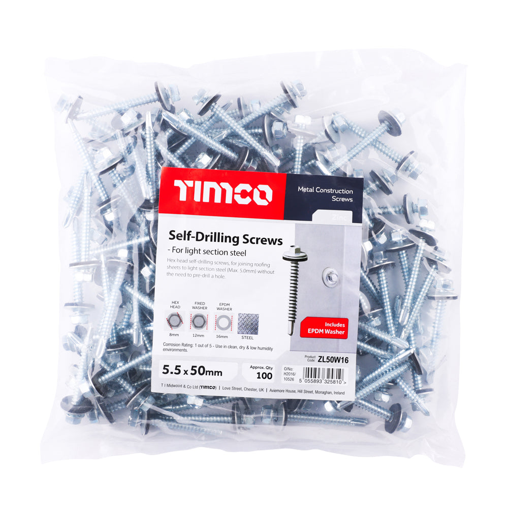 This is an image of Timco - Metal Construction Light Section Screws - Hex - EPDM Washer - Self-Drilling - Zinc 5.5 x 50mm - (100 PCS Bag) ZL50W16