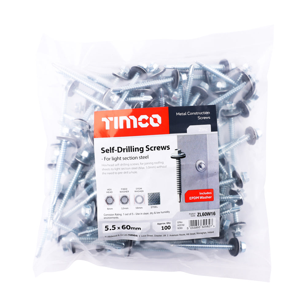 This is an image of Timco - Metal Construction Light Section Screws - Hex - EPDM Washer - Self-Drilling - Zinc 5.5 x 60mm - (100 PCS Bag) ZL60W16
