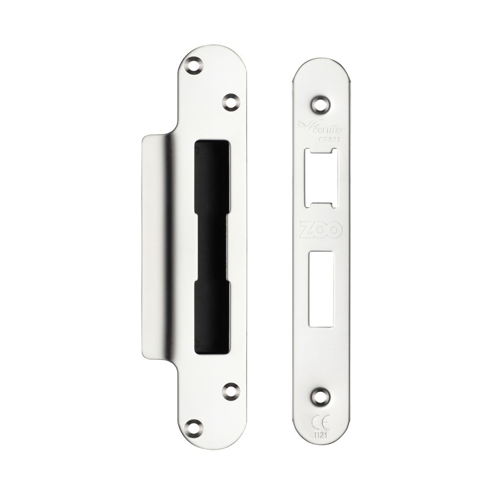 High quality image of the Zoo Hardware - Spare Acc Pk for UK Sash Locks - contains Radius Forend, Strike and Fixing Screws - Polished Stainless Steel | Sku. zlap10rps | available to order from Trade Door Handles.