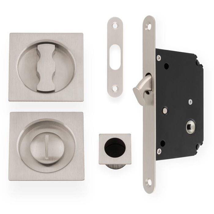 Alexander & Wilks Door Furniture Satin Nickel / Sliding Door Locks / Square Alexander & Wilks - Sliding Door Lock Set - Square Roses - Radius Forend & Strike-Satin Nickel