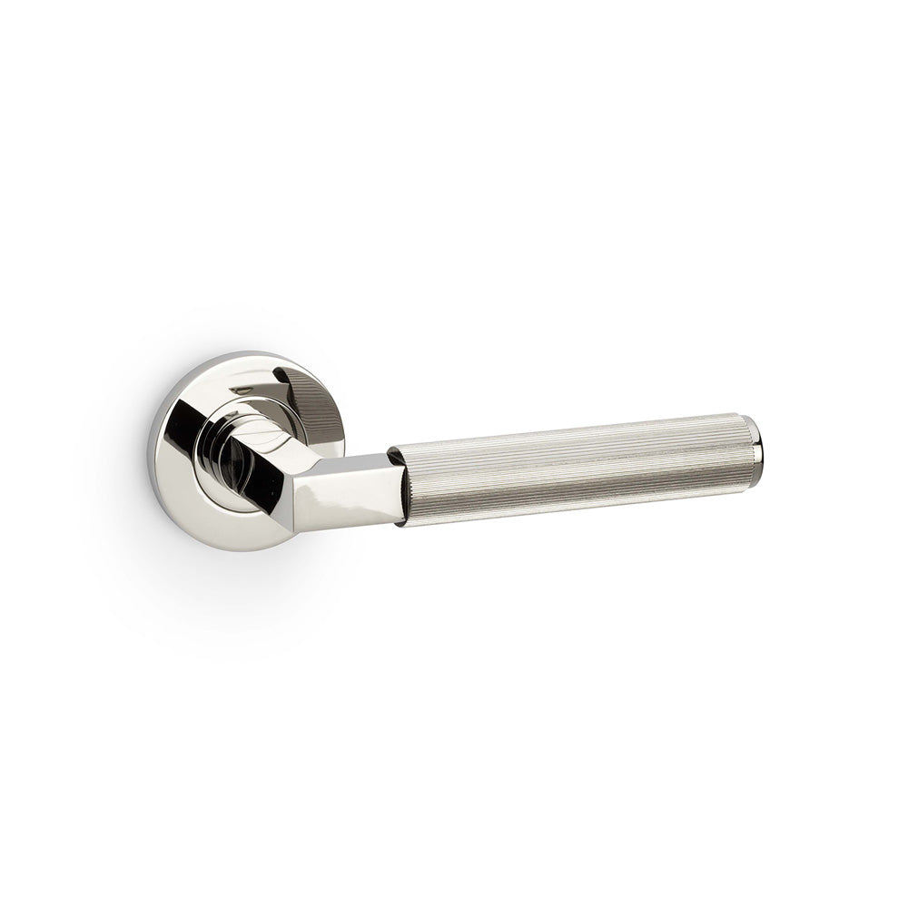 High quality image of Alexander & Wilks - Hurricane Reeded Lever on Round Rose - Polished Nickel PVD | Sku. aw202pnpvd | Trade Door Handles.